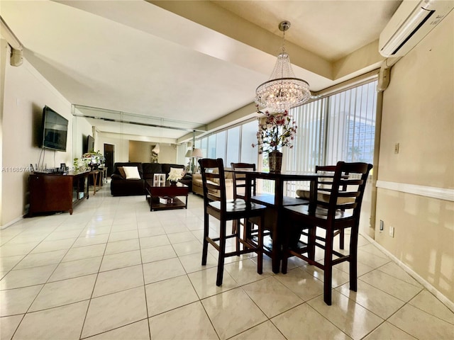 tiled dining area featuring an inviting chandelier, a wall mounted air conditioner, and plenty of natural light