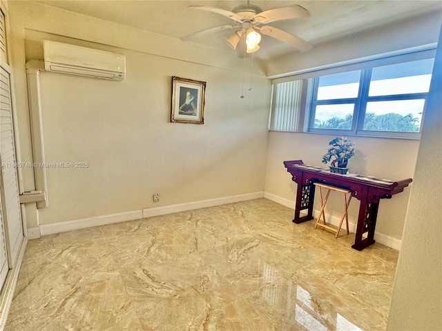 interior space featuring a wall mounted AC and ceiling fan