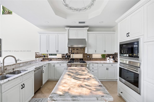 kitchen with white cabinets, a raised ceiling, sink, and appliances with stainless steel finishes