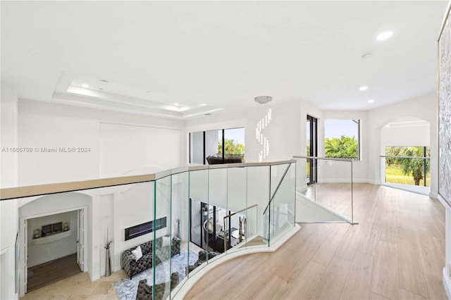 hallway with a wealth of natural light, light hardwood / wood-style floors, and a tray ceiling