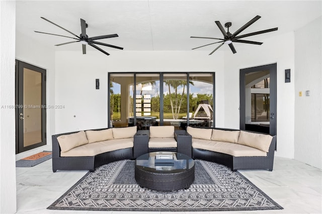 living room featuring ceiling fan