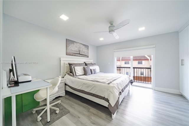 bedroom featuring ceiling fan, access to outside, and light wood-type flooring