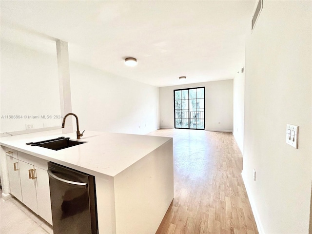 kitchen with sink, kitchen peninsula, white cabinetry, light hardwood / wood-style floors, and stainless steel dishwasher