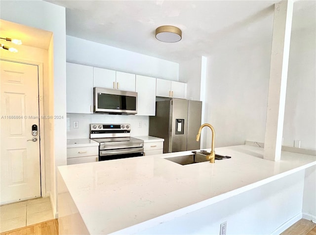 kitchen featuring kitchen peninsula, appliances with stainless steel finishes, white cabinetry, light stone countertops, and sink