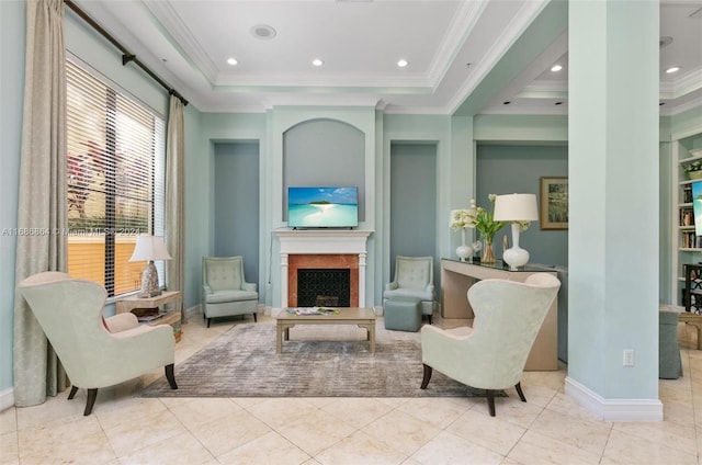 sitting room featuring crown molding, light tile patterned floors, and a raised ceiling