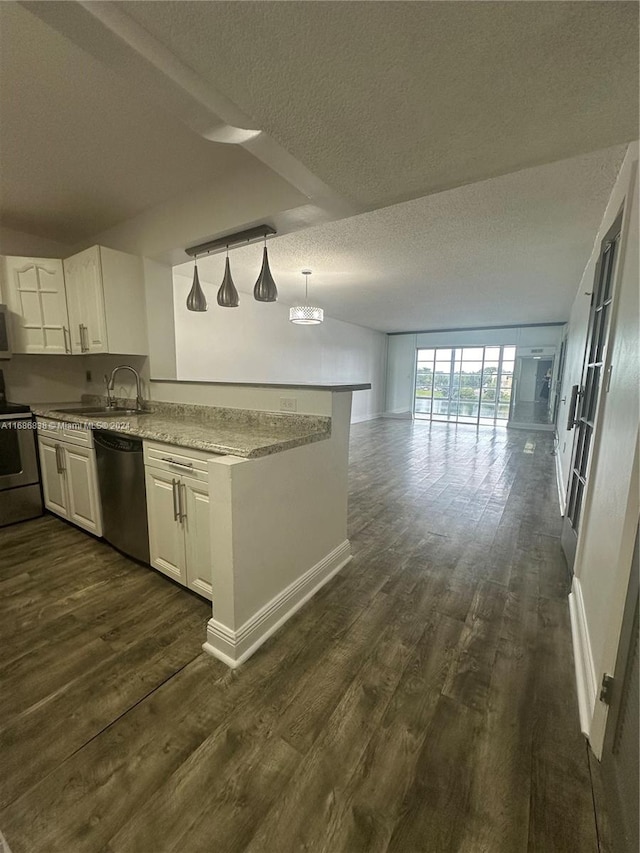 kitchen with stainless steel appliances, a textured ceiling, dark hardwood / wood-style flooring, and hanging light fixtures