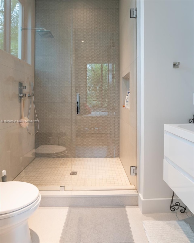 bathroom with a wealth of natural light, toilet, vanity, and walk in shower