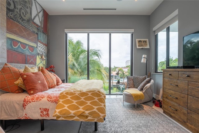 bedroom featuring access to exterior and multiple windows