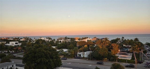 aerial view at dusk featuring a water view