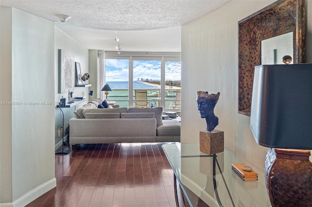 living room featuring a water view, dark wood-type flooring, and a textured ceiling