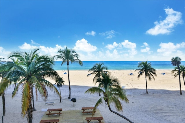 view of water feature with a beach view