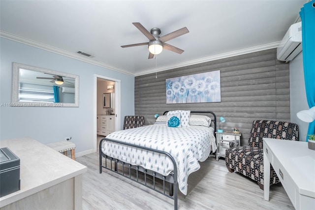 bedroom featuring light hardwood / wood-style flooring, ornamental molding, a wall mounted AC, and ceiling fan