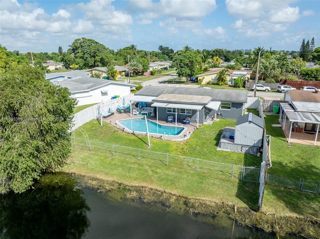 drone / aerial view with a water view