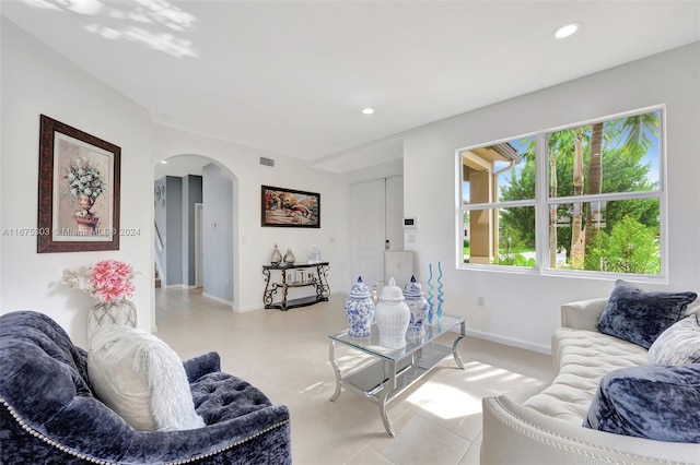 living room featuring light tile patterned floors