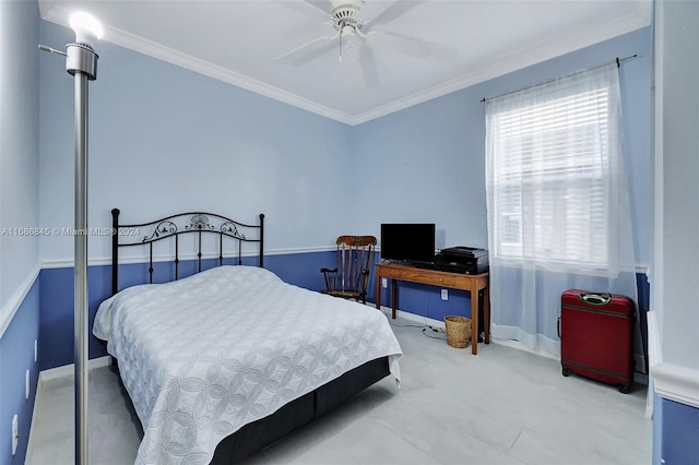 bedroom featuring ceiling fan and ornamental molding