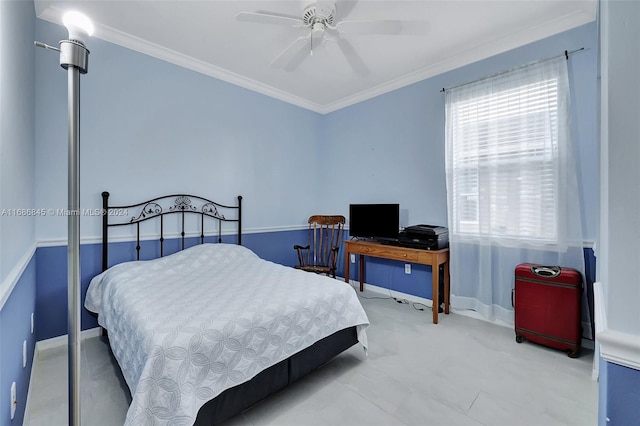 bedroom with crown molding and ceiling fan