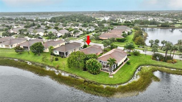 aerial view featuring a water view