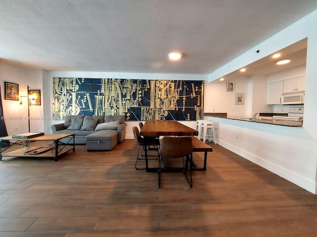 dining room with dark wood-type flooring, sink, and a textured ceiling