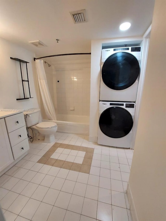 bathroom featuring stacked washing maching and dryer, tile patterned flooring, toilet, and shower / bathtub combination with curtain