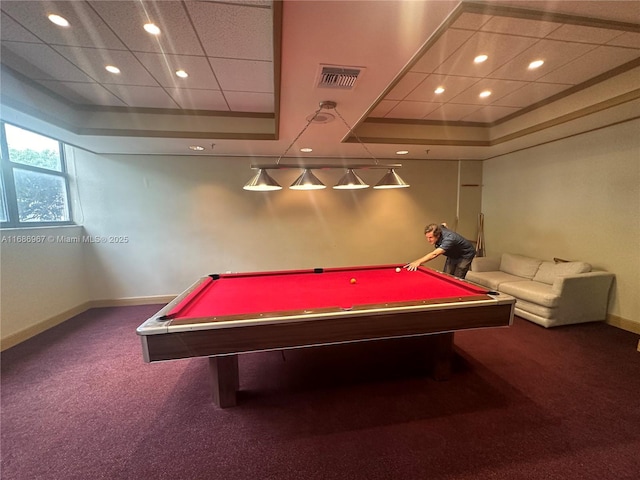 rec room with carpet floors, billiards, and a tray ceiling