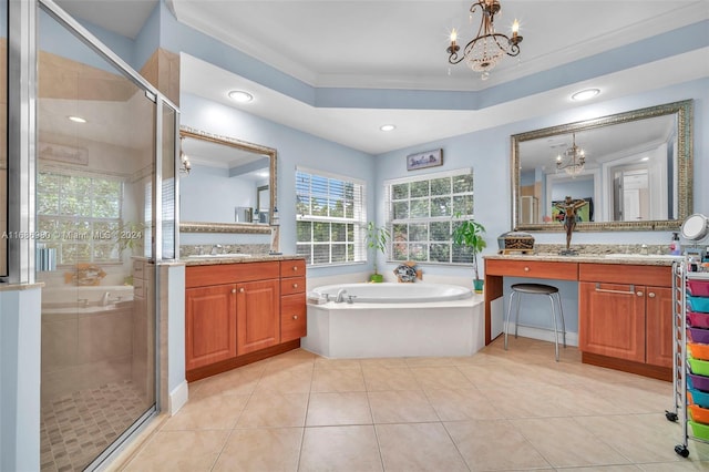 bathroom featuring vanity, tile patterned floors, ornamental molding, and shower with separate bathtub