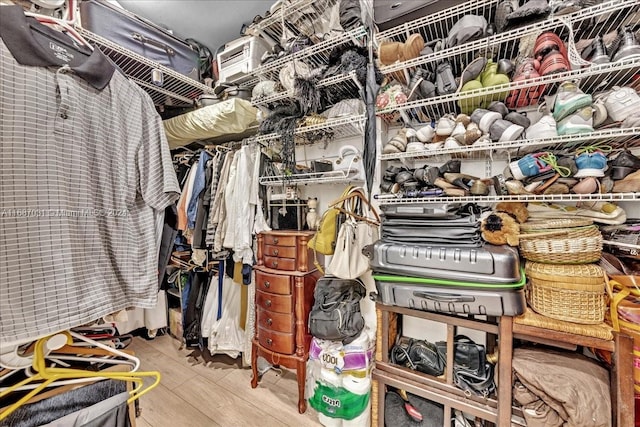 walk in closet with light hardwood / wood-style flooring