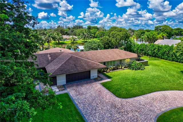 drone / aerial view with a water view