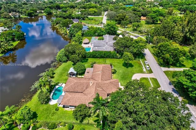 drone / aerial view with a water view