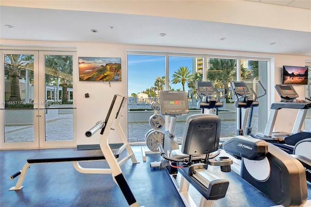 workout area featuring french doors