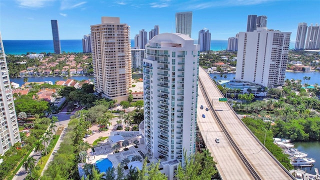 bird's eye view with a water view