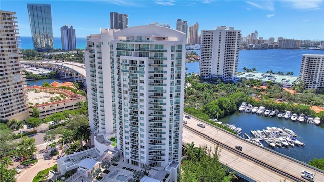 drone / aerial view with a water view