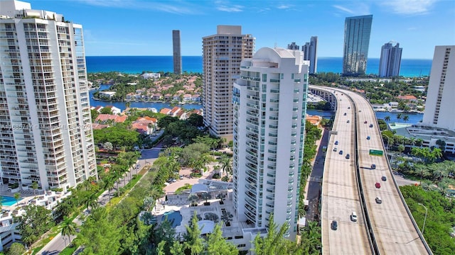 aerial view featuring a water view