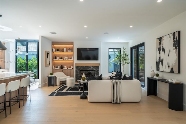 living room featuring a fireplace, light wood-type flooring, and a wealth of natural light