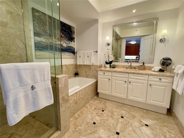 bathroom featuring vanity, ornamental molding, and plus walk in shower