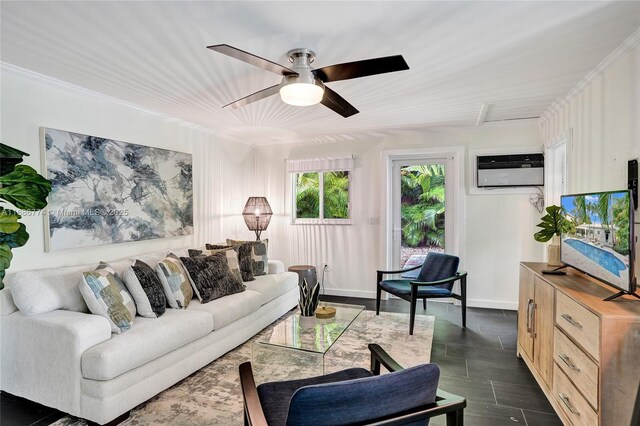 living area featuring ornamental molding