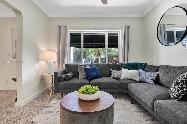 437 NE 8th Ave, Fort Lauderdale, FL 33301 - living area with baseboards, crown molding, light carpet, and arched walkways
