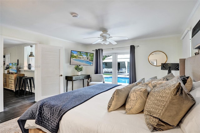 bedroom featuring crown molding, access to outside, and ceiling fan