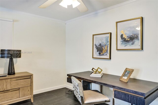 home office with ornamental molding and ceiling fan