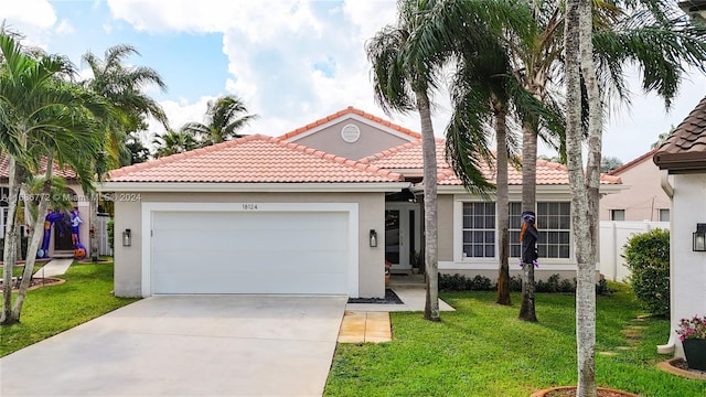 mediterranean / spanish-style house with a garage and a front lawn