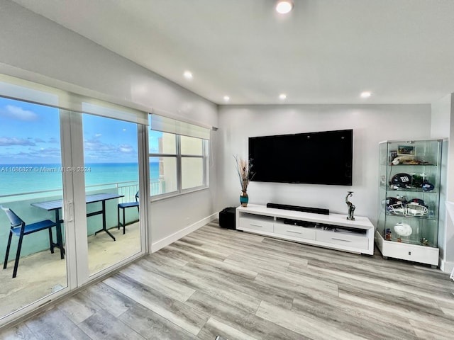 living room with light hardwood / wood-style flooring and lofted ceiling