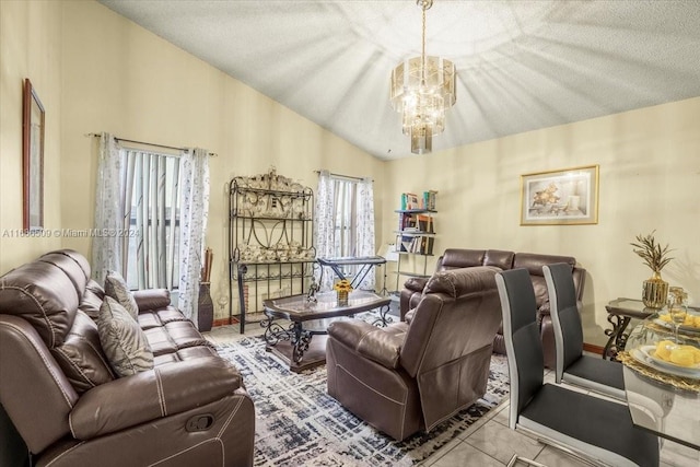 tiled living room featuring a notable chandelier, a textured ceiling, and vaulted ceiling