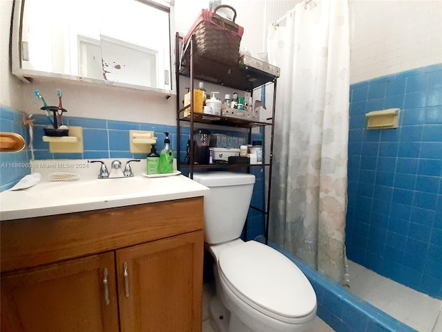 bathroom featuring tasteful backsplash, curtained shower, vanity, toilet, and tile walls