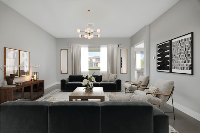 living room featuring an inviting chandelier