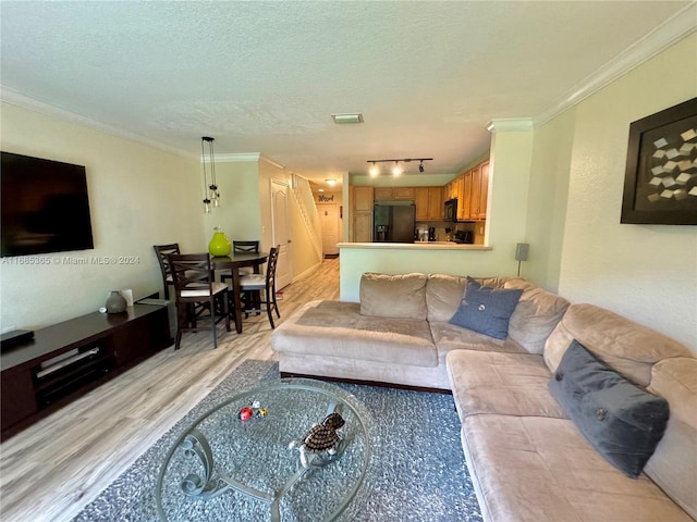 living room featuring a textured ceiling, light hardwood / wood-style floors, rail lighting, and crown molding