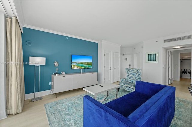 living room with crown molding and light wood-type flooring