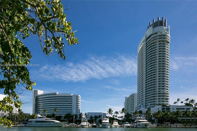 view of building exterior with a water view