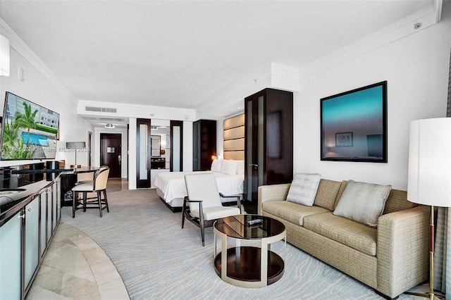 carpeted living room featuring crown molding