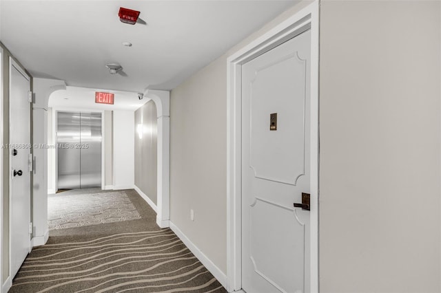 corridor featuring carpet flooring and elevator