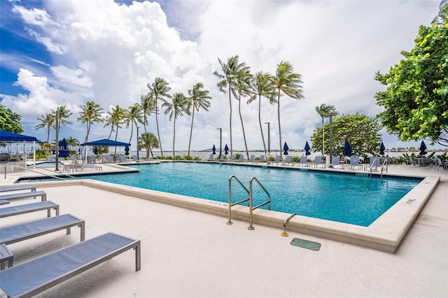 view of swimming pool featuring a patio area