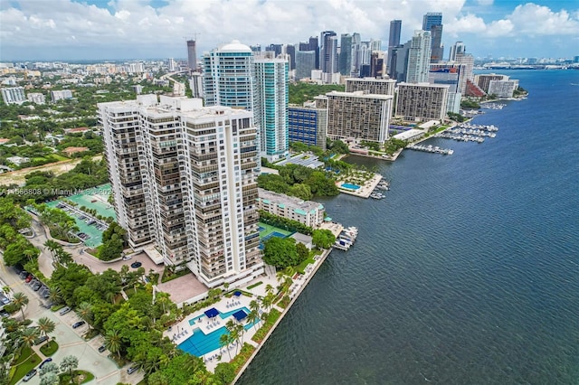 drone / aerial view with a water view